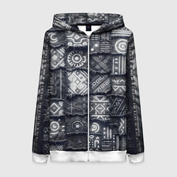 Женская толстовка на молнии Африканские узоры на пэчворк дениме