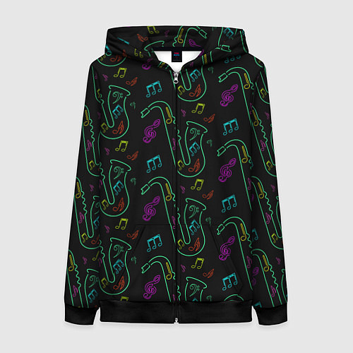 Женская толстовка на молнии Неоновый саксофон и музыкальные ноты / 3D-Черный – фото 1