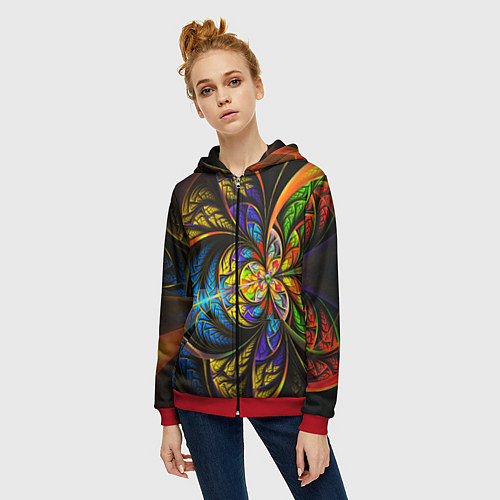 Женская толстовка на молнии Фрактальный оптический узор в цвете / 3D-Красный – фото 3