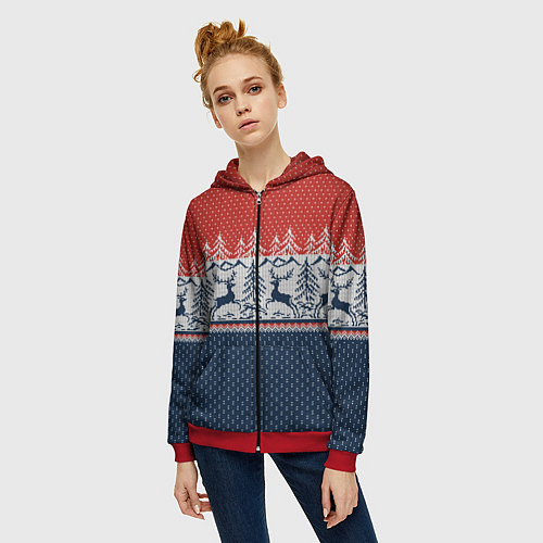 Женская толстовка на молнии Новогодний вязаный узор / 3D-Красный – фото 3