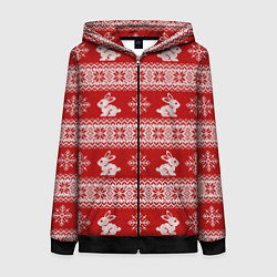 Женская толстовка на молнии Вязаный зимний узор с зайчатами