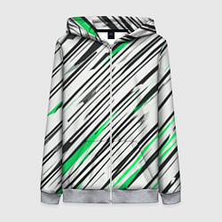 Женская толстовка на молнии Диагональные чёрно-зелёные полосы на белом фоне