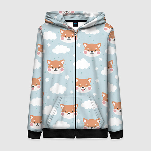 Женская толстовка на молнии Узор сибу ину и облака / 3D-Черный – фото 1