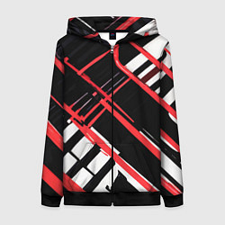 Толстовка на молнии женская Красно-белые линии на чёрном фоне, цвет: 3D-черный