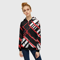 Толстовка на молнии женская Красно-белые линии на чёрном фоне, цвет: 3D-черный — фото 2