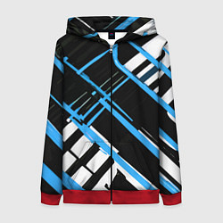 Толстовка на молнии женская Сине-белые линии на чёрном фоне, цвет: 3D-красный
