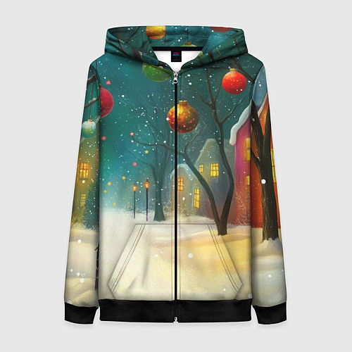 Женская толстовка на молнии Новогодние шары и тропинка / 3D-Черный – фото 1
