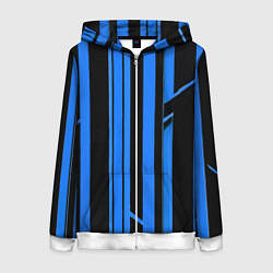 Толстовка на молнии женская Толстые синие полосы на чёрном фоне, цвет: 3D-белый