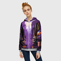 Толстовка на молнии женская Киберпанк город фиолетовый, цвет: 3D-меланж — фото 2
