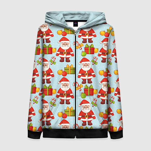 Женская толстовка на молнии Новогодний паттерн с Сантой и подарками / 3D-Черный – фото 1