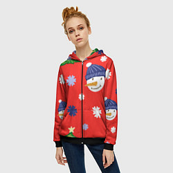 Толстовка на молнии женская Новогодний узор со снеговиком и снежинками, цвет: 3D-черный — фото 2
