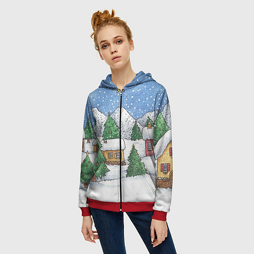 Женская толстовка на молнии Домики и елки - новый год / 3D-Красный – фото 3