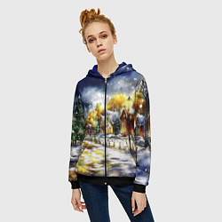 Толстовка на молнии женская Новогодний пейзаж акварель, цвет: 3D-черный — фото 2