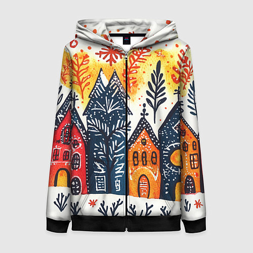 Женская толстовка на молнии Разноцветные новогодние дома / 3D-Черный – фото 1