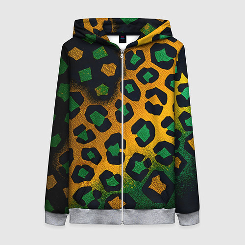 Женская толстовка на молнии Зеленые и золотые пятна леопарда / 3D-Меланж – фото 1