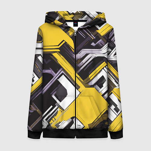 Женская толстовка на молнии Бело-жёлтый техно паттерн на чёрном фоне / 3D-Черный – фото 1