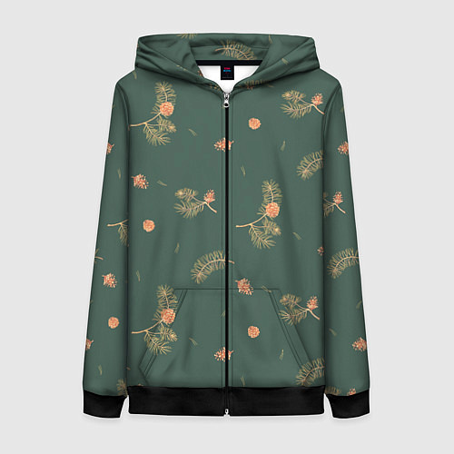 Женская толстовка на молнии Сосновые ветки и шишки / 3D-Черный – фото 1