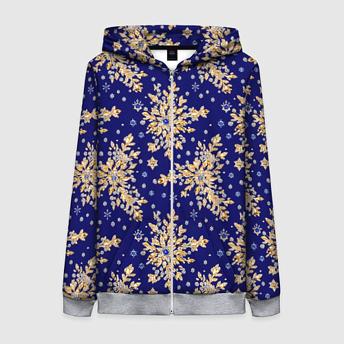 Женская толстовка на молнии Золотые снежинки на синем шелке / 3D-Меланж – фото 1