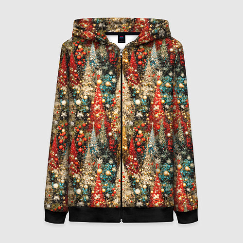 Женская толстовка на молнии Новогодний еловый лес / 3D-Черный – фото 1