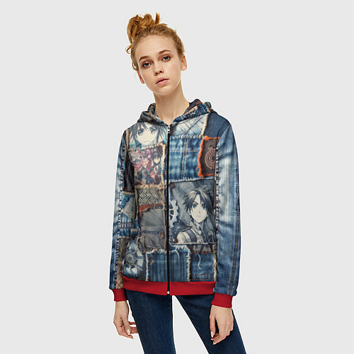Женская толстовка на молнии Аниме пэчворк деним / 3D-Красный – фото 3