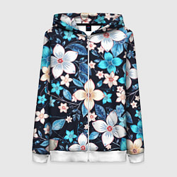 Толстовка на молнии женская Сине-белые цветы на чёрном фоне, цвет: 3D-белый