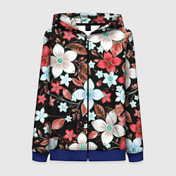 Толстовка на молнии женская Красно-белые цветы на чёрном фоне, цвет: 3D-синий
