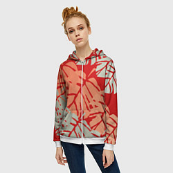 Толстовка на молнии женская Отпечатки монстеры на красном, цвет: 3D-белый — фото 2