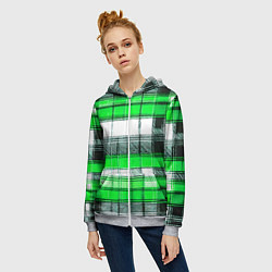 Толстовка на молнии женская Чёрные полосы на зелёном-белом фоне, цвет: 3D-меланж — фото 2