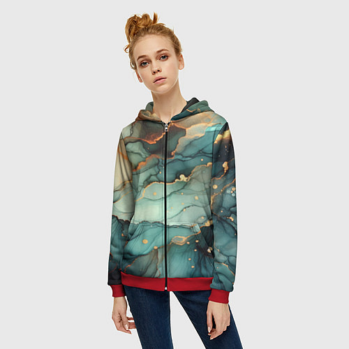 Женская толстовка на молнии Бирюзовый узор с оранжевыми вставками / 3D-Красный – фото 3
