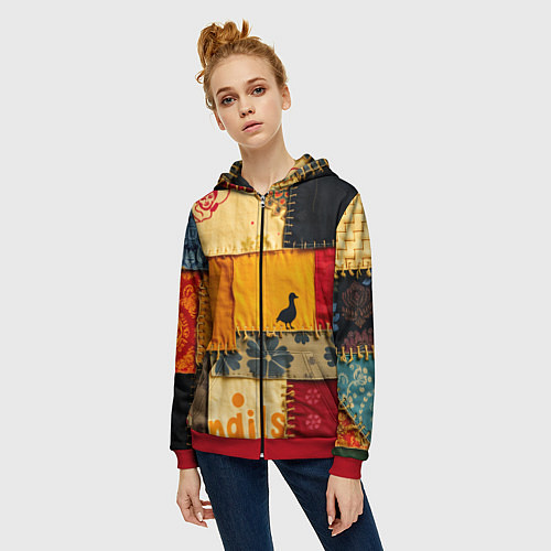 Женская толстовка на молнии Пэчворк с птичкой / 3D-Красный – фото 3