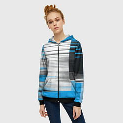 Толстовка на молнии женская Чёрные вертикальные полосы на сине-белом фоне, цвет: 3D-черный — фото 2