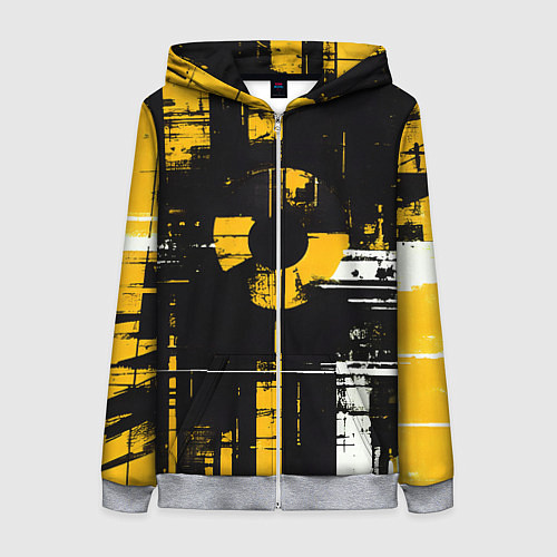Женская толстовка на молнии Жёлто-белый гранж на чёрном фоне / 3D-Меланж – фото 1