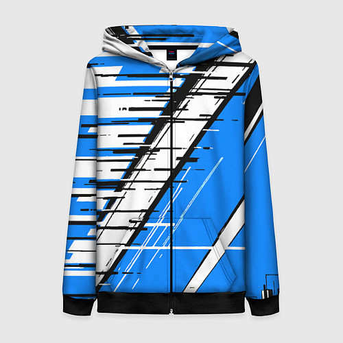 Женская толстовка на молнии Чёрно-белые глитч полосы на синем фоне / 3D-Черный – фото 1