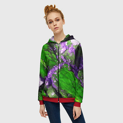 Женская толстовка на молнии Фиолетовый минерал в зелёном камне / 3D-Красный – фото 3