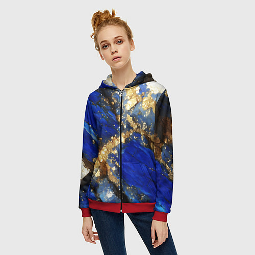 Женская толстовка на молнии Золотой минерал в синем камне / 3D-Красный – фото 3