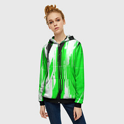 Толстовка на молнии женская Вертикальные чёрно-белые линии на зелёном фоне, цвет: 3D-черный — фото 2
