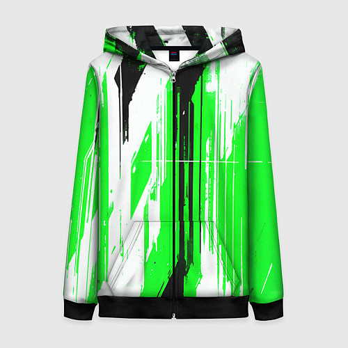 Женская толстовка на молнии Вертикальные чёрно-белые линии на зелёном фоне / 3D-Черный – фото 1