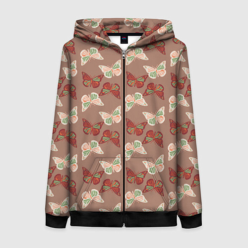 Женская толстовка на молнии Бабочки зелено-бежевые / 3D-Черный – фото 1
