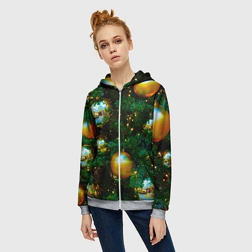 Женская толстовка на молнии Новогодние украшения на ветках / 3D-Меланж – фото 3