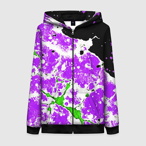 Женская толстовка на молнии Зелёно-фиолетовая абстракция на чёрном фоне / 3D-Черный – фото 1