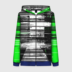 Толстовка на молнии женская Горизонтальные чёрные линии на бело-зелёном фоне, цвет: 3D-синий