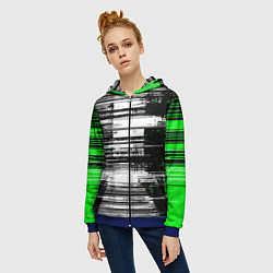 Толстовка на молнии женская Горизонтальные чёрные линии на бело-зелёном фоне, цвет: 3D-синий — фото 2