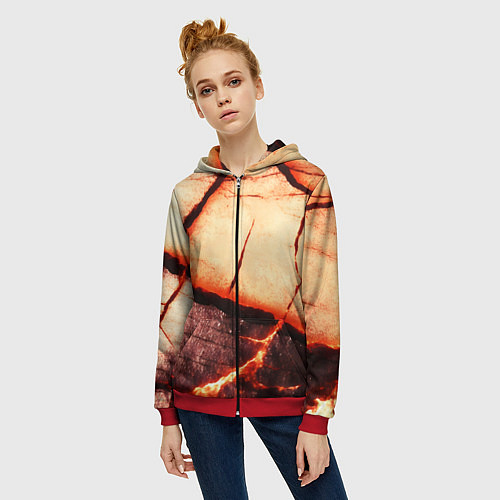 Женская толстовка на молнии Трещины на абстрактном красном фоне / 3D-Красный – фото 3