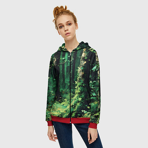 Женская толстовка на молнии Зелёный летний лес / 3D-Красный – фото 3