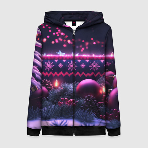 Женская толстовка на молнии Новый год в фиолетовом свете / 3D-Черный – фото 1