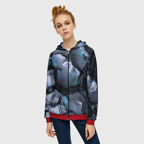 Женская толстовка на молнии Жидкая субстанция серая / 3D-Красный – фото 3