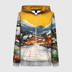 Толстовка на молнии женская Ламповый новый год - домики, цвет: 3D-меланж