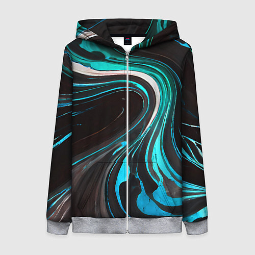 Женская толстовка на молнии Волнистые бело-голубые линии на чёрном фоне / 3D-Меланж – фото 1