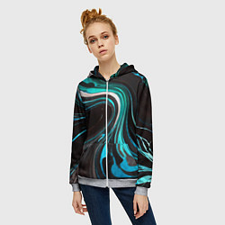 Толстовка на молнии женская Волнистые бело-голубые линии на чёрном фоне, цвет: 3D-меланж — фото 2