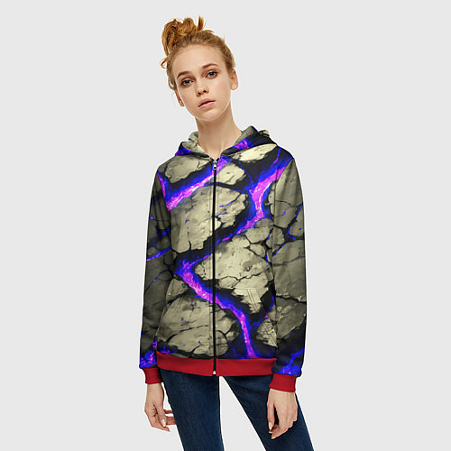 Женская толстовка на молнии Треснувший камень фиолетовый / 3D-Красный – фото 3